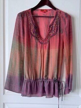 Hale Bob Pink and Purple Beaded Silk V-Neck Tunic